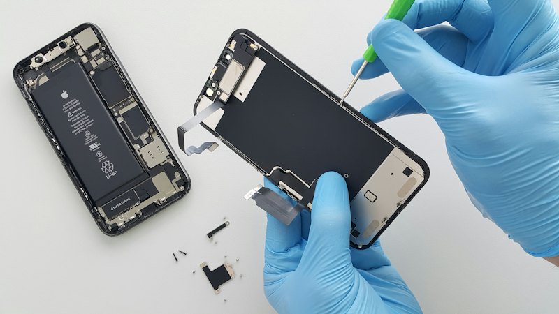 Técnico de luvas segurando um celular